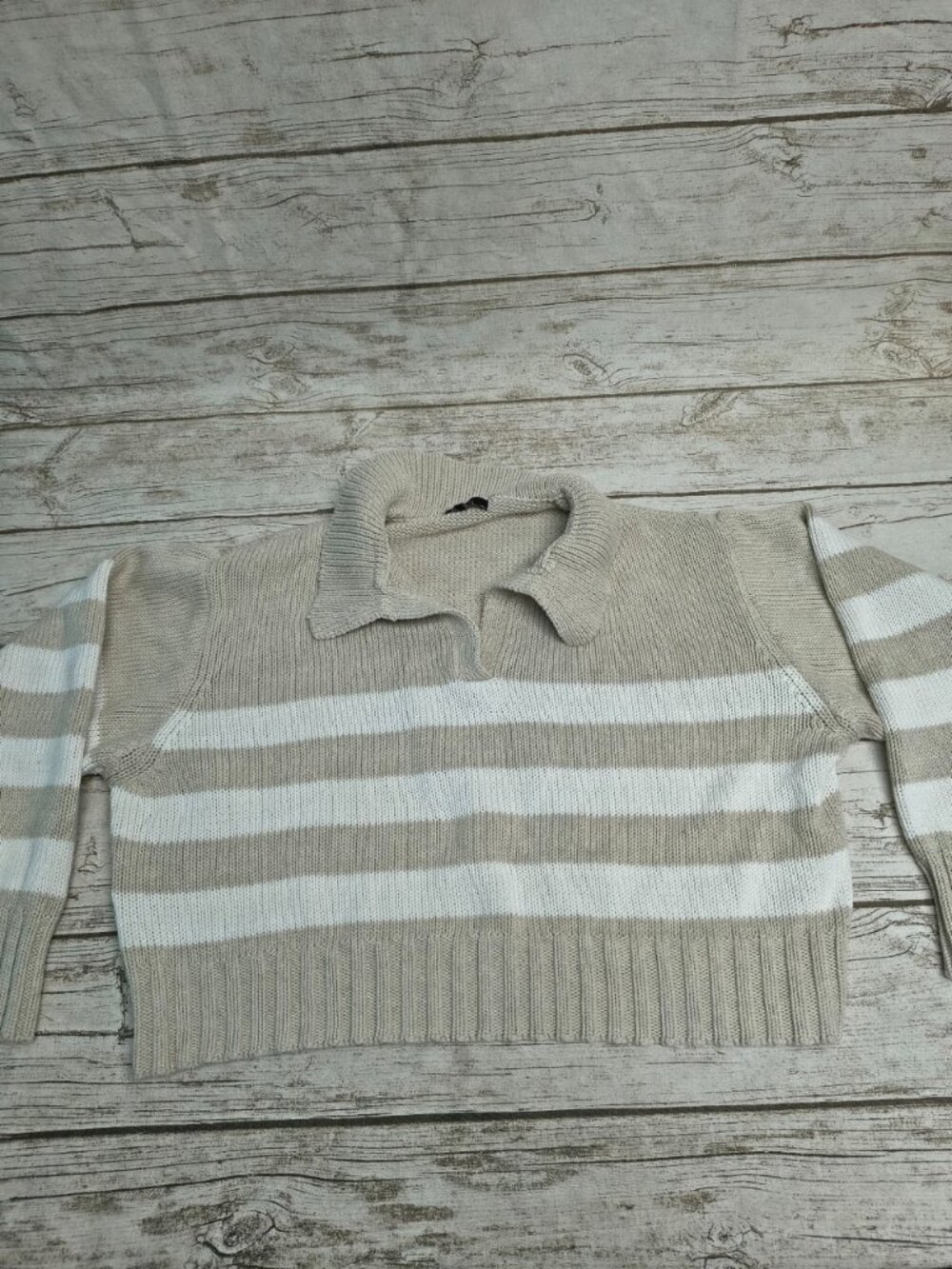Quince Beige Cream Striped Knit Sweater 100% Cotton Cropped Size XL